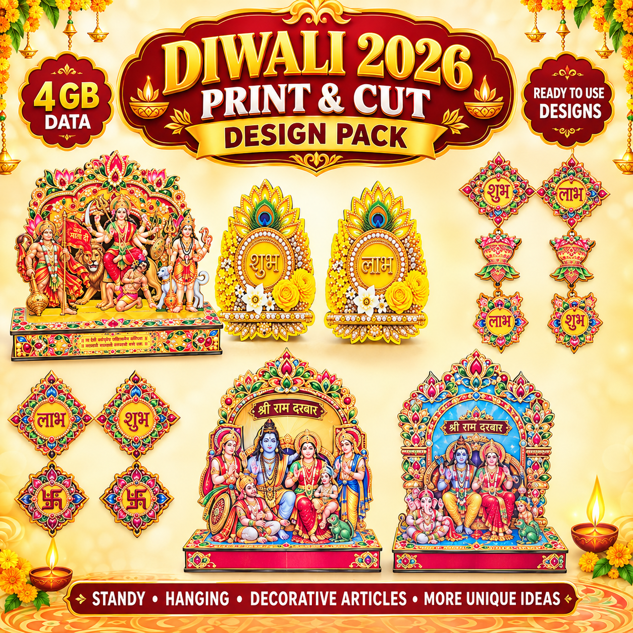 Diwali 2026 Print and Cut Design Pack with Standy Hanging and Decorative CDR Designs